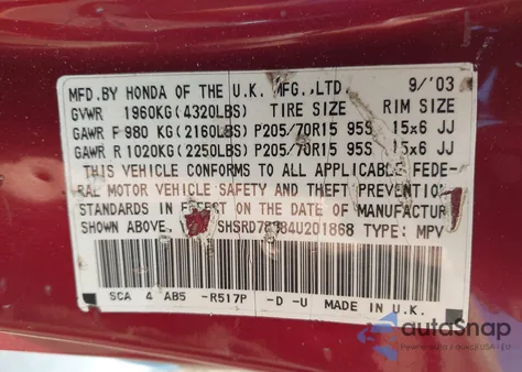 2004 Honda Cr-V Ex from USA, damaged, VIN SHSRD78884U201868